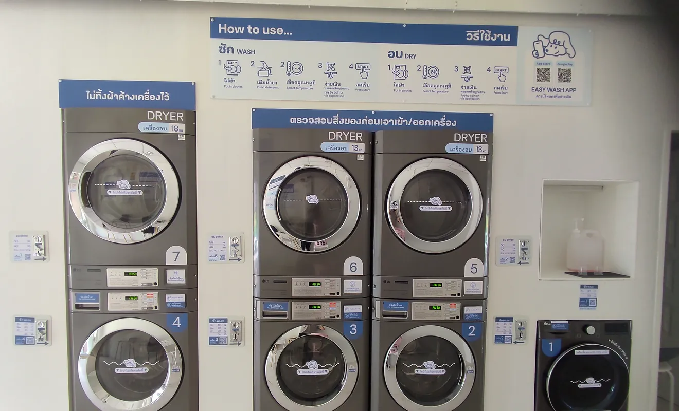 เครื่องอบอุตสาหกรรมพร้อมป้ายวิธีใช้งาน WASH EASY